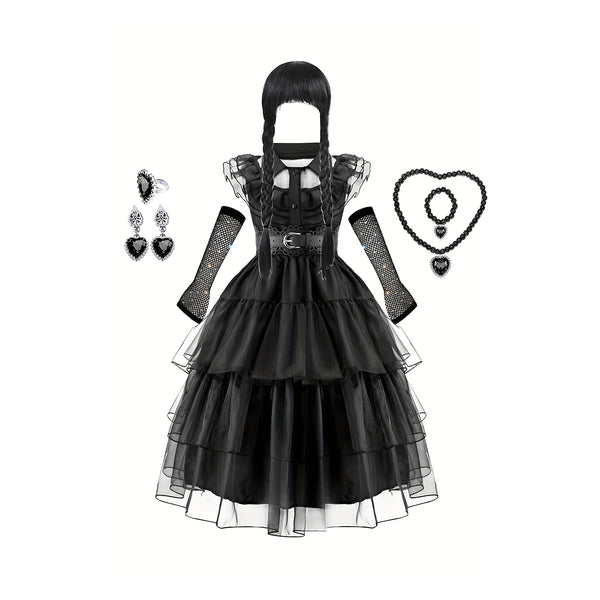 Girls Ruffle Trim Layered Hem Mesh Dress, Costume Dress Up Halloween Party Performance Cosplay Outfit Accessories Wig Necklace Ear Clip Gloves Included Set chinaatoday