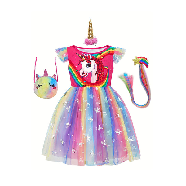 Girl's Princess Dress With Accessories Set, Unicorn Print Mesh Dress, Fairy Tale Character Cosplay Costume, Kids Clothes For Halloween Holiday Party Prom Birthday Performance chinaatoday