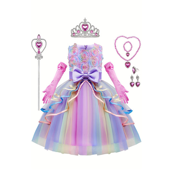 7pcs Girls Unicorn Costume, Rainbow Princess Dress, Toddler Unicorn Birthday Party Dress, Halloween Kids Cosplay, Fairy Tales Dress Up, With Headband Necklace Ring Ear Clip Jewelry Set chinaatoday