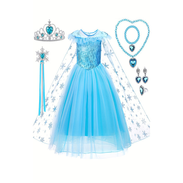 5pcs Girls Blue Princess Dress Costume Party Birthday Gorgeous Dress With Hair Clip, Gloves, Crown & Princess Wand Accessories chinaatoday