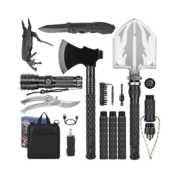 Sunkoon Survival Shovel Hatchet Axe, Camping Folding Shovels with High Carbon Steel Lengthened Handle Enlarged Shovelhead with Multimool Flashlight Pruning Shears Storage Pouch Gifts for Men chinaatoday