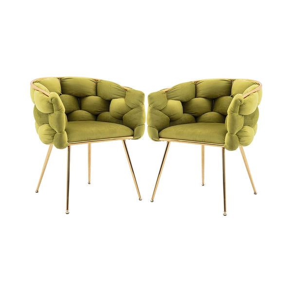 Velvet Dining Chairs, Modern Accent Chair with Golden Mental Legs, Upholstered Hand Weaving Armchair for Dining Room Kitchen Living Room (Green Set of 2) chinaatoday