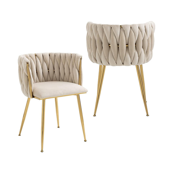 NIOIIKIT Modern Velvet Dining Chairs Set of 2 Hand Weaving Accent Upholstered Side Chair with Golden Metal Legs for Dining Room Kitchen Vanity Living Room(Ivory) chinaatoday