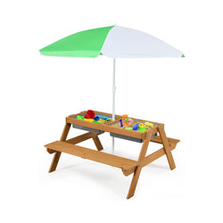 Costzon Kids Picnic Table, 3 in 1 Sand & Water Table w/Height Adjustable Umbrella, Removable Tabletop, Children Outdoor Toy Playset w/2 Play Boxes, Wooden Convertible Activity Play Table chinaatoday