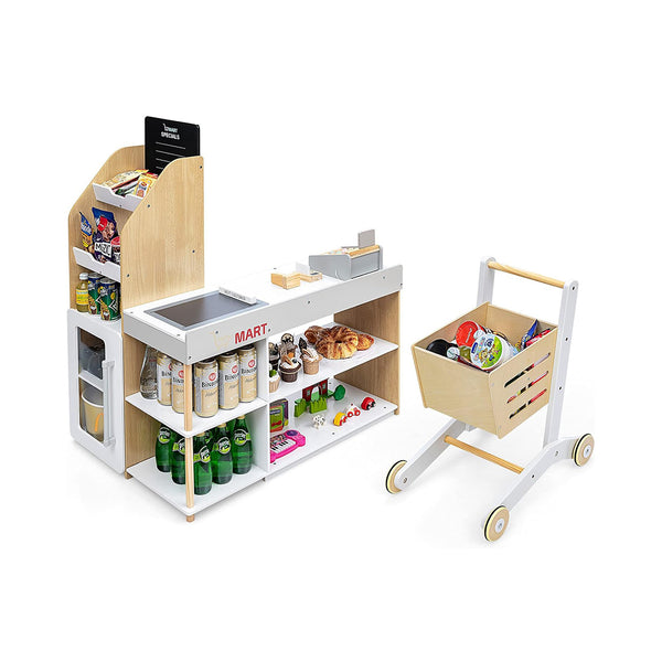 Costzon Pretend Grocery Store Playset, Wooden Supermarket Toy Set for Kids with Chalkboard, Cash Register, Vending Machine, Play Food Accessories, Toddler Play Store, Gift for Boys & Girls (Natural) chinaatoday