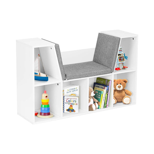 HONEY JOY Reading Nook Organizer with Seat Cushion, Kids Bookcase with Reading Nook, 6-Cubby Wooden Corner Storage Shelf Book Nook for Playroom Bedroom Decor (White) chinaatoday