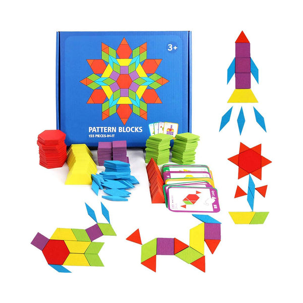 GEMEM 155 Pcs Wooden Pattern Blocks Set Geometric Shape Puzzle Kindergarten Classic Educational Montessori Tangram Toys for Kids Ages 4-8 with 24 Pcs Design Cards chinaatoday