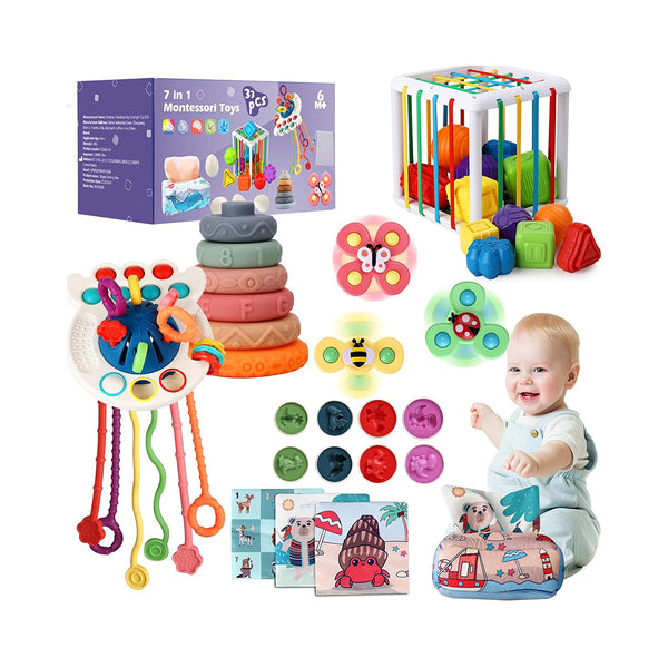 7 in 1 Montessori Baby Toys 6 to 12-18 Months - Pull String Teether, Stacking Rings, Sensory Bin, Matching Eggs, Tissue box, Spinner Toys and Storage Bag, Toddler Toy for 1-3 Year Old Boys Girls Gift chinaatoday