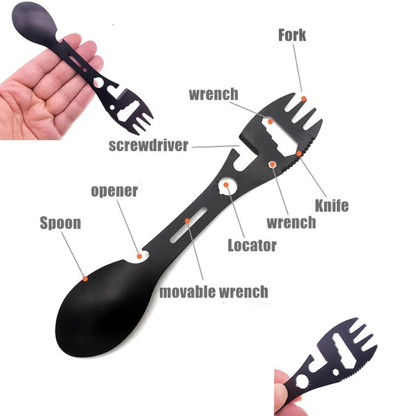 10-in-1 Multi-Functional Spork: Stainless Steel Portable Utensil Spoon, Can Opener, Serrated Knife, Wrench, Direction Indicator, Harpoon - Perfect For Outdoor Camping, Hiking, Picnic & Travel! BEJUSTSIMPLE