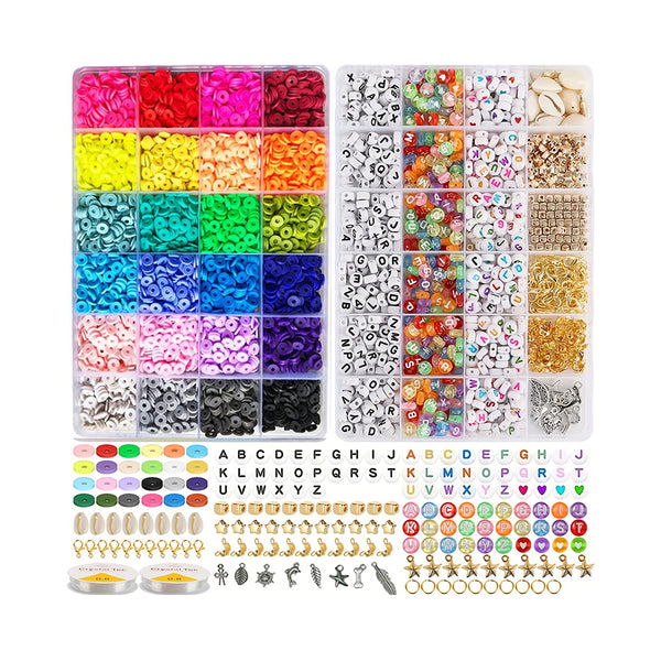 2boxes 7100pcs Clay Beads For Bracelet Making Kit, 24 Colors Flat Round Polymer Clay Beads Kit With 900pcs Acrylic Letters Beads Alloy Pendant Charms And Elastic Strings For Jewelry Making DIY Craft chinaatoday