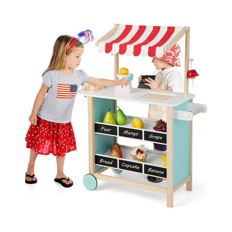 Costzon Kids Pretend Play Grocery Store, Wooden Ice Cream Cart Toy Set for Kids with Ice Cream Making Counter, Scale, Bell, Display Shelves, Black Board, Canopy, Solid Wooden Wheels, Gift for Toddlers chinaatoday