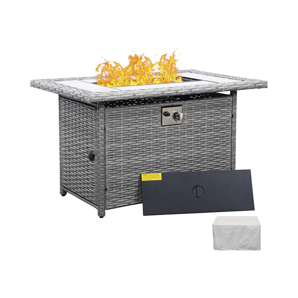 60000 BTU Wicker Gas Fire Pit Outdoor Fire Pit Table 45 Inch Fire Pits for Outside with Woodgrain Marble Tabletop Fire Pit Cover and Blue Crystal Beads chinaatoday