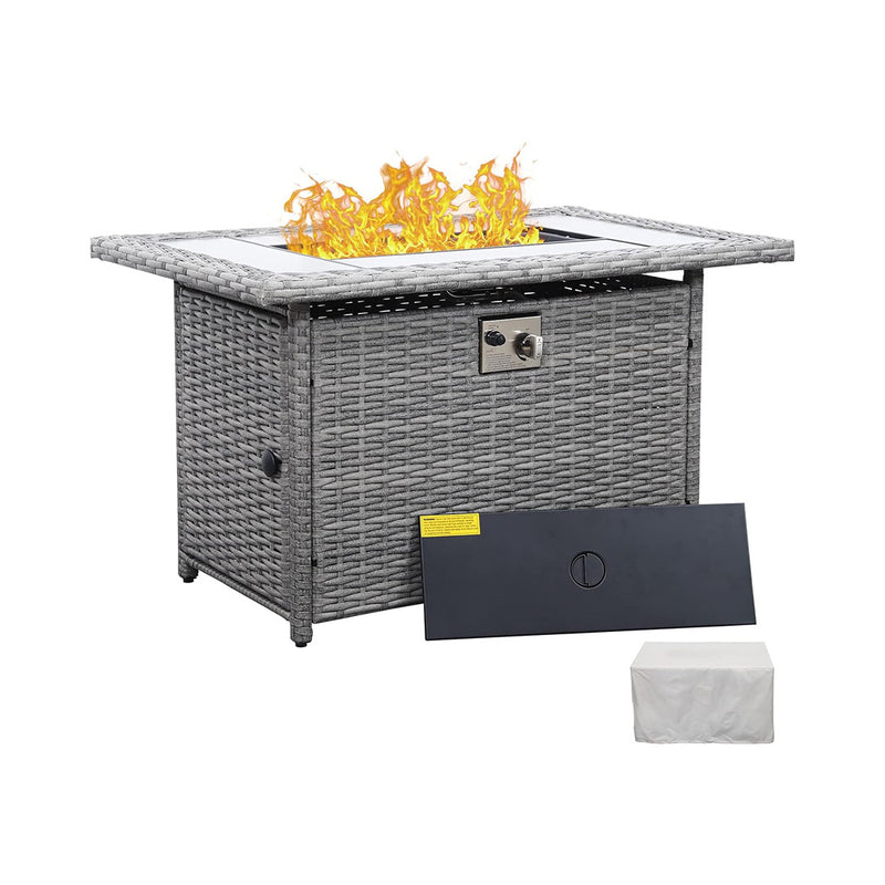 60000 BTU Wicker Gas Fire Pit Outdoor Fire Pit Table 45 Inch Fire Pits for Outside with Woodgrain Marble Tabletop Fire Pit Cover and Blue Crystal Beads chinaatoday