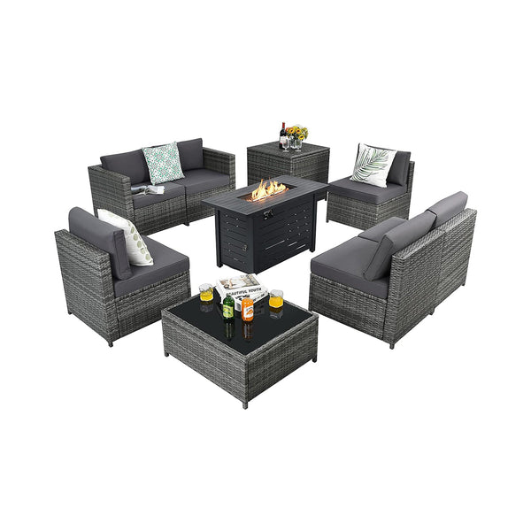 Tangkula 9 Pieces Patio Rattan Furniture Set, Patiojoy Sectional Sofa Set w/Fire Pit Table, Storage Box, Coffee Table, Outdoor Wicker Conversation Set w/ 42” Propane Fire Pit Table (Grey) chinaatoday