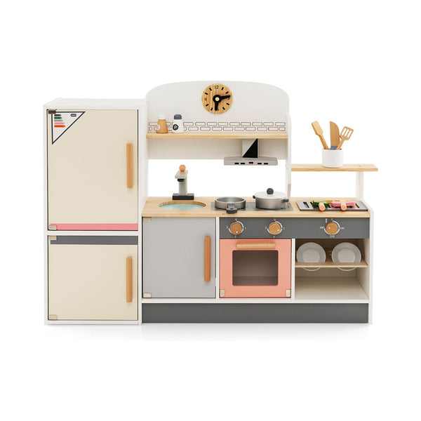 Costzon Kids Kitchen Playset, Pretend Play Kitchen with Refrigerator, BBQ Grill, Oven, Range Hood, Faucet & Sink, Dish Rack, Wooden Toy Kitchen Set for Toddlers, Gift for Boys Girls Age 3+ (One-Piece) chinaatoday