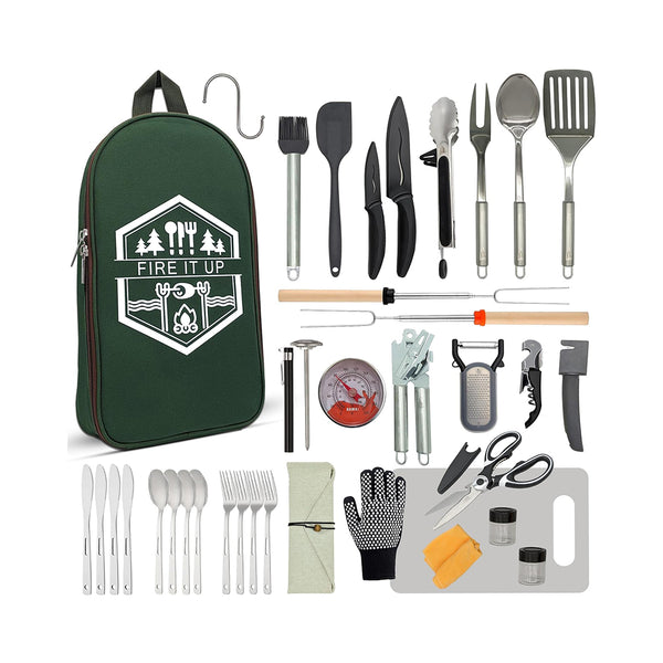 BOMKI Grilling and Camping Cooking Utensils Set for The Outdoors BBQ - Camping Utensil Set Camping Kitchen Set Cookware Accessories Camping Essentials Camping Stuff Camp Cooking Set (Green Pro) chinaatoday
