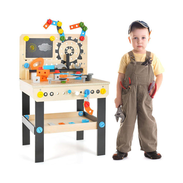 Costzon Kids Tool Bench, Wooden Pretend Workbench w/ 81 Accessories, Blackboard, Realistic Role Play Construction Building Tool Set, Indoor Outdoor Power Tool Workshop for Boys Girls 3+ chinaatoday