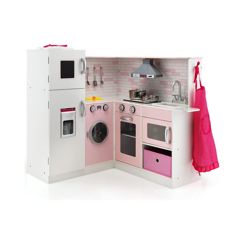 Costzon Kids Corner Kitchen Playset, Wooden Pretend Play Kitchen Toy Set w/Realistic Light & Sound, Washing Machine, Microwave, Oven, Stove, Ice Cube Dispenser, Utensils, Sink, Apron, Chef Hat-Pink chinaatoday