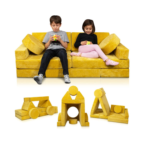 Lunix LX15 14pcs Modular Kids Play Couch, Child Sectional Sofa, Fortplay Bedroom and Playroom Furniture for Toddlers, Convertible Foam and Floor Cushion for Boys and Girls, Yellow chinaatoday