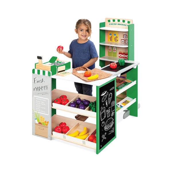 Best Choice Products Pretend Play Grocery Store Wooden Supermarket Toy Set for Kids w/Play Food, Chalkboard, Cash Register, Working Conveyor - Green chinaatoday