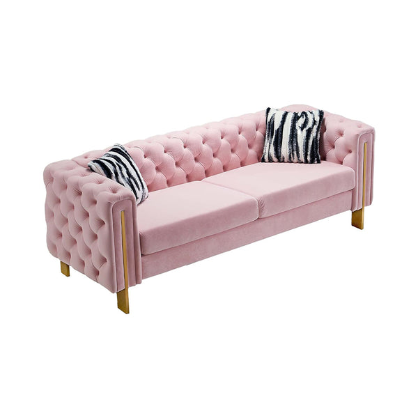Dolonm Modern Velvet Sofa for Living Room, 84 Inches Long Tufted Couch Upholstered Sofa with 2 Pillows High Arm and Metal Legs Decor Furniture for Bedroom, Office (Pink) chinaatoday
