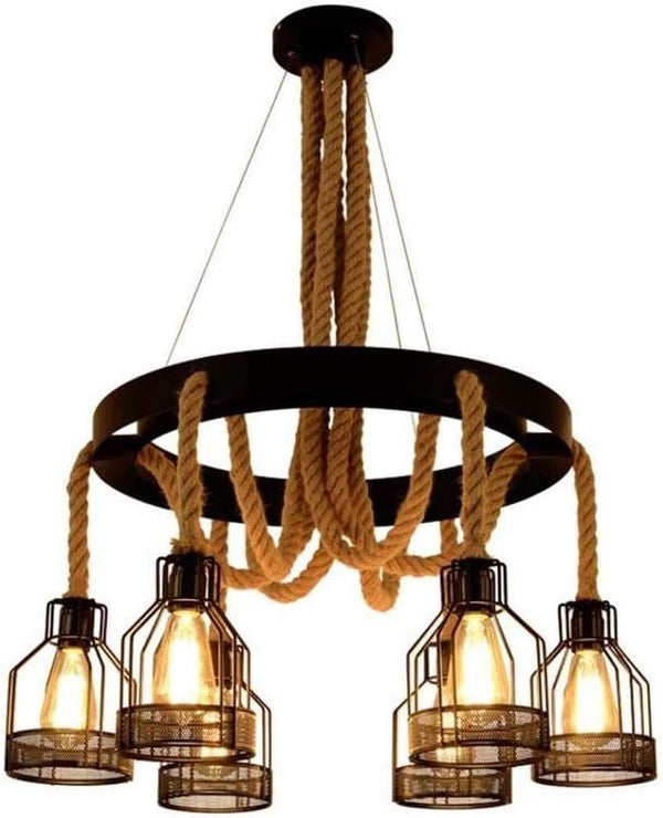 Vintage Industrial Style Hemp Rope Iron Chandelier