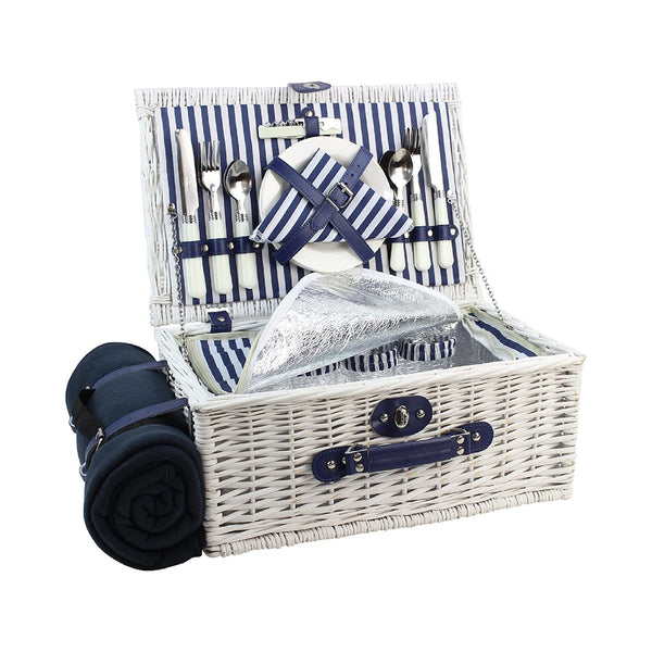 Stylish White Washed Picnic Basket Set for 4 with Cool Compartment Blanket and Cutlery BEJUSTSIMPLE