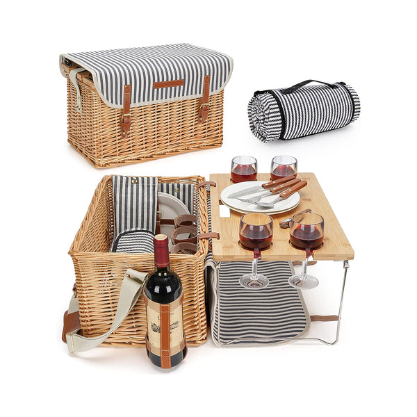 4 Person Wicker Picnic Basket Set with Portable Wine Table BEJUSTSIMPLE