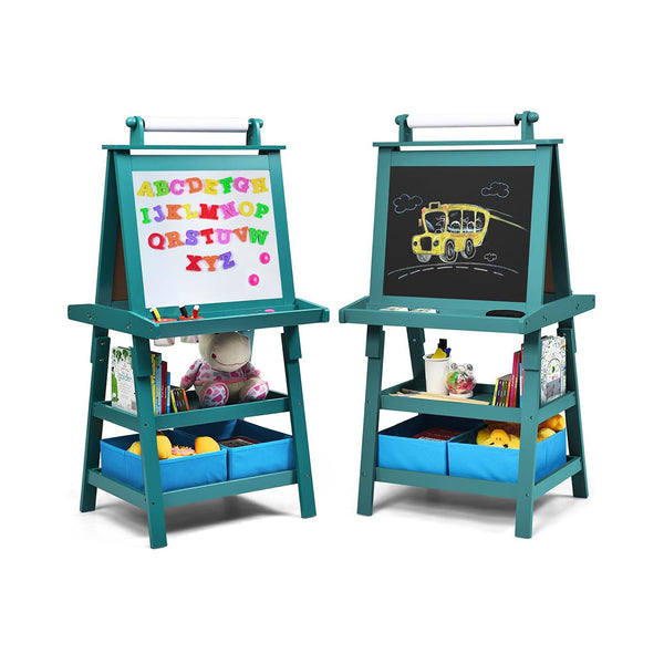 HONEY JOY Art Easel for Kids, 3-in-1 Double-Sided Wooden Toddler Easel w/Magnetic White Board & Chalkboard, Paper Roll, 2 Storage Bins, Painting Dry Erase, Kids Easel for Boys Girls Aged 3+ (Blue) chinaatoday