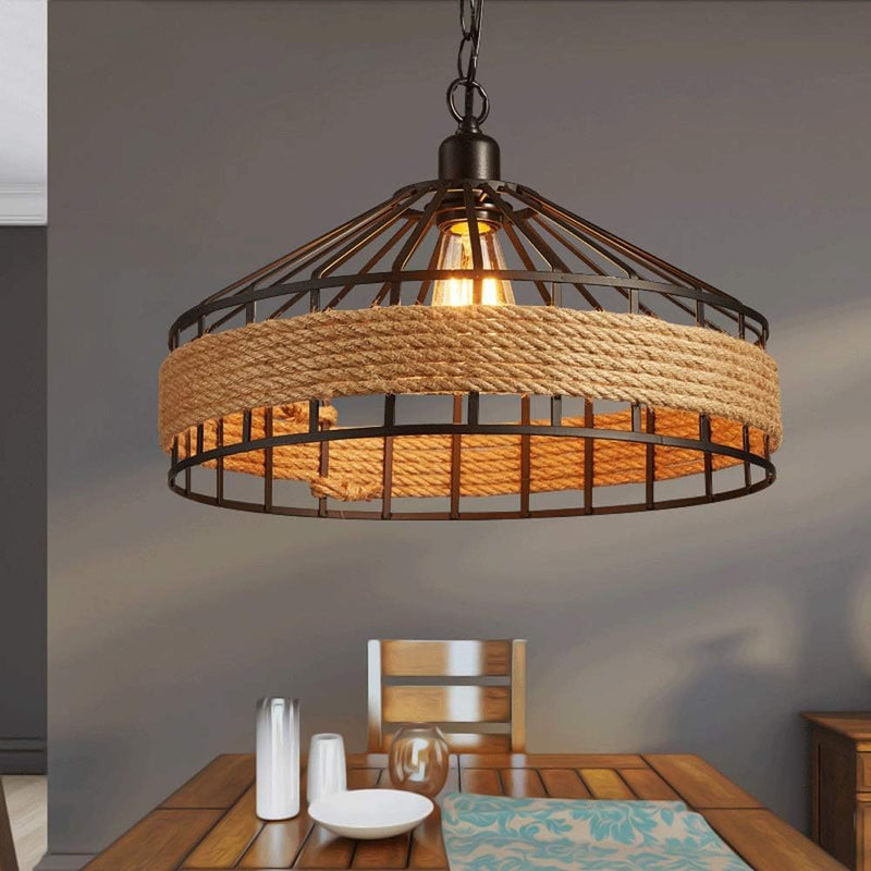 Retro Hemp Rope Iron Cage Pendant Lamp