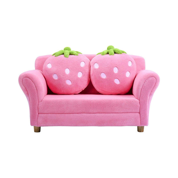 Costzon Kids Sofa, with 2 Cute Strawberry Pillows, Children Couch Armrest Chair Double Seats, Toddler Lounge Bed 2 in 1, Wooden Frame and Coral Fleece Surface for Bedroom, Living Room, Baby Room(Pink) chinaatoday