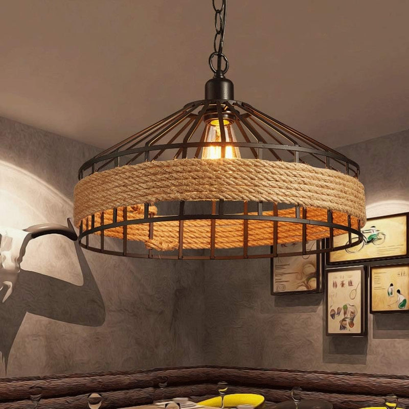 Retro Hemp Rope Iron Cage Pendant Lamp