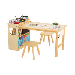 Kids Art Table and 2 Chairs with Roll Paper, Craft Table with Large Storage Shelves, Drawing Desk, Kids Activity Table and Study Table, Activity & Crafts for Children Wooden Furniture chinaatoday