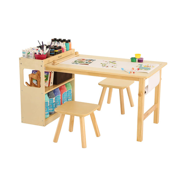 Kids Art Table and 2 Chairs with Roll Paper, Craft Table with Large Storage Shelves, Drawing Desk, Kids Activity Table and Study Table, Activity & Crafts for Children Wooden Furniture chinaatoday