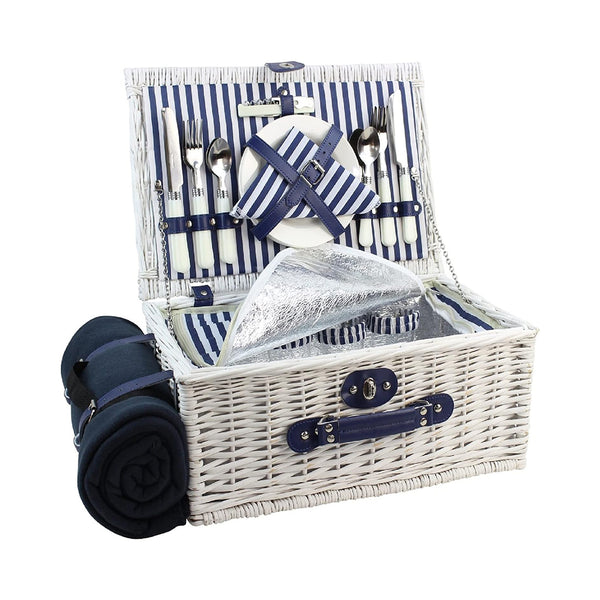 Picnic Basket Willow for 4 Persons, Large Wicker Hamper Set with Big Insulated Cooler Compartment, Free Fleece Blanket with Waterproof Backing and Cutlery Service Kit- Fashionable White Washed Color chinaatoday