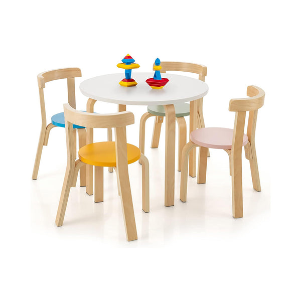 Costzon Kids Table and Chair Set, 5-Piece Wooden Activity Table w/ 4 Chairs, Toy Bricks, Classroom Playroom Daycare Furniture for Playing, Drawing, Reading, Bentwood Toddler Table & Chairs (Assorted) chinaatoday