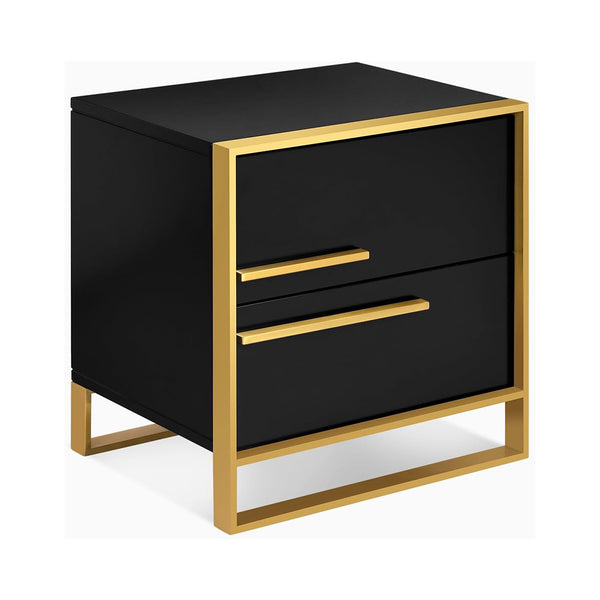 Modern Nightstand Storage Cabinet with Solid Wood 2 Drawer Sofa Bedside End Table Glam Steel Frame Accent Furniture Without Assembly for Bedroom/Living Room/Salon/Office, Black 1PCS chinaatoday