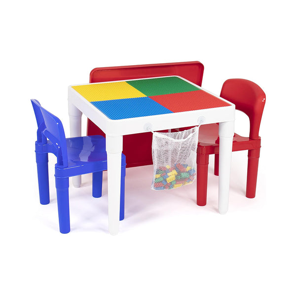 Humble Crew, White/Blue/Red Kids 2-in-1 Plastic Building Blocks-Compatible Activity Table and 2 Chairs Set, Square, Toddler chinaatoday