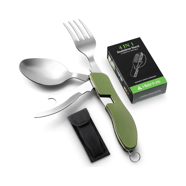 HIKENTURE 4-in-1 Camping Utensils,Stainless Steel Spoon Fork Knife Combo with Bottle Opener,Backpacking Eating Cutlery for Traveling,Hiking,Scouting Hobo Multitool Set (Army Green) chinaatoday
