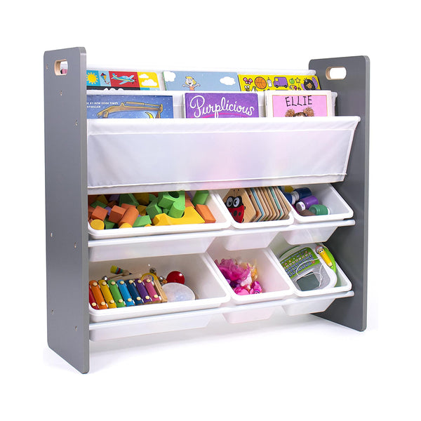Humble Crew Kids Read n’ Play 6 Bin Toy Organizer and 2 Tier Bookrack, Grey/White chinaatoday