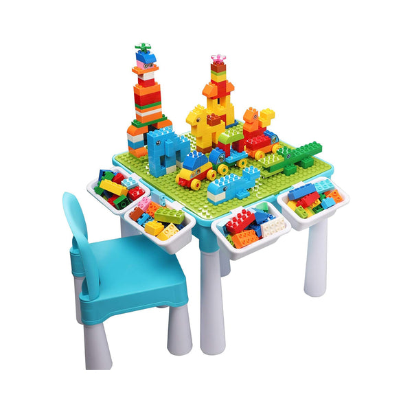 burgkidz 5-in-1 Multi Activity Play Table Set with Storage Includes 1 Chair and 128 Pieces Compatible Large Bricks Building Blocks for Kids Ages 2 and Up, Blue chinaatoday