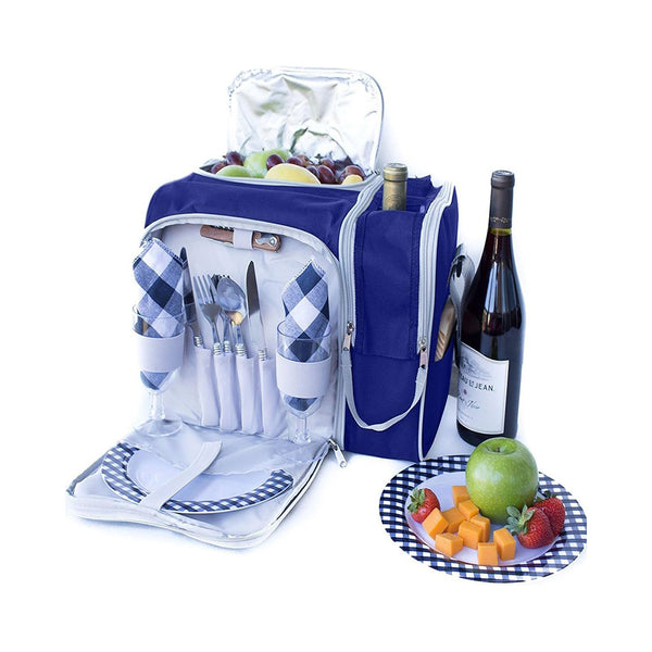 Picnic Basket Bag Set, 2 Person Insulated Tote with Cooler Compartment. Two Bottle Section Setting, Includes Wine Glasses, Plates, Cutlery and Complete Flatware chinaatoday