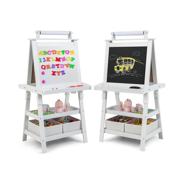 HONEY JOY Art Easel for Kids, 3-in-1 Double-Sided Wooden Toddler Easel w/Magnetic White Board & Chalkboard, Paper Roll, 2 Storage Bins, Painting Dry Erase, Kids Easel for Boys Girls Aged 3+ (White) chinaatoday