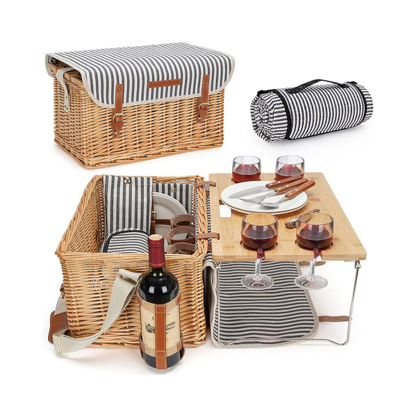 Wicker Picnic Basket for 4, 4 Person Picnic Kit, Willow Hamper Service Gift Set with Blanket Portable Bamboo Wine Snack Table for Camping and Outdoor Party chinaatoday