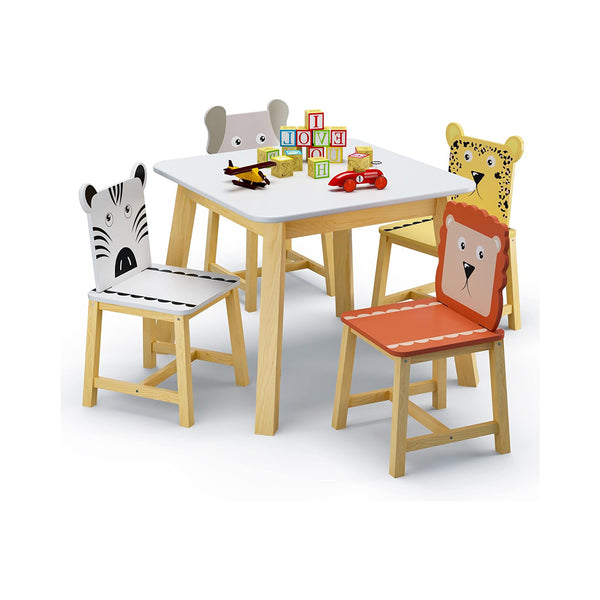 Kids Table with 4 Chairs Set, 5 Pieces Cartoon Animals Toddler Table and Chairs Set, Wooden Children Furniture Set for Playroom Kindergarten, Gift for Ages 2+ chinaatoday