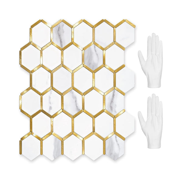 STICKGOO Hexagon Peel and Stick on Backsplash for Kitchen and Bathroom, White Marble Look PVC Mixed Metal Gold Self Adhesive Metal Mosaic Tiles(10 Sheets, Seamless) chinaatoday