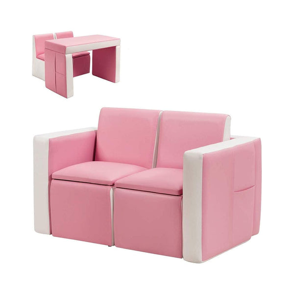 Costzon Kids Sofa, 2 in 1 Double Sofa Convert to Table and Two Chairs, Toddler Lounge with Wooden Frame and PVC Surface, Children Boys Girls Couch Armrest Chair Double Seats with Storage Space (Pink) chinaatoday