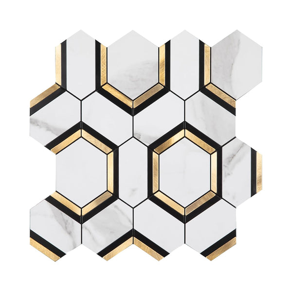 Diflart Peel and Stick Backsplash Tile, White and Gold, Hexagon, Marble Veins with PVC Mixed Metal, Stick on Backsplash for Kitchen and Bathroom,Self Adhesive Wall Tiles, Pack of 10 Sheets chinaatoday