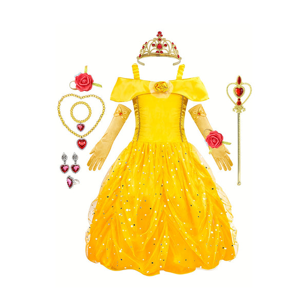 Girls Princess Dress And Decorative Jewelry Necklace Ring Set, Costume Clothes For Birthday Party Performance Gift chinaatoday