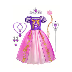 Girls Trendy Princess Dress With Crown Necklace And Ring For Birthday Party Halloween Christmas Costume Performance Dress Jewelry Wig Set Kids Clothes chinaatoday